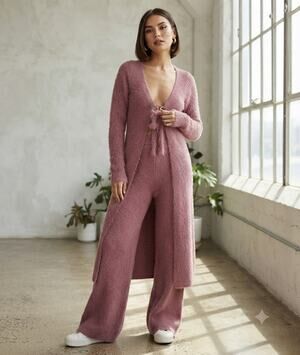 The Ragged Priest Fuzzy Knit 2-Piece Set Longline Cardigan Wide Leg Pants Sz L